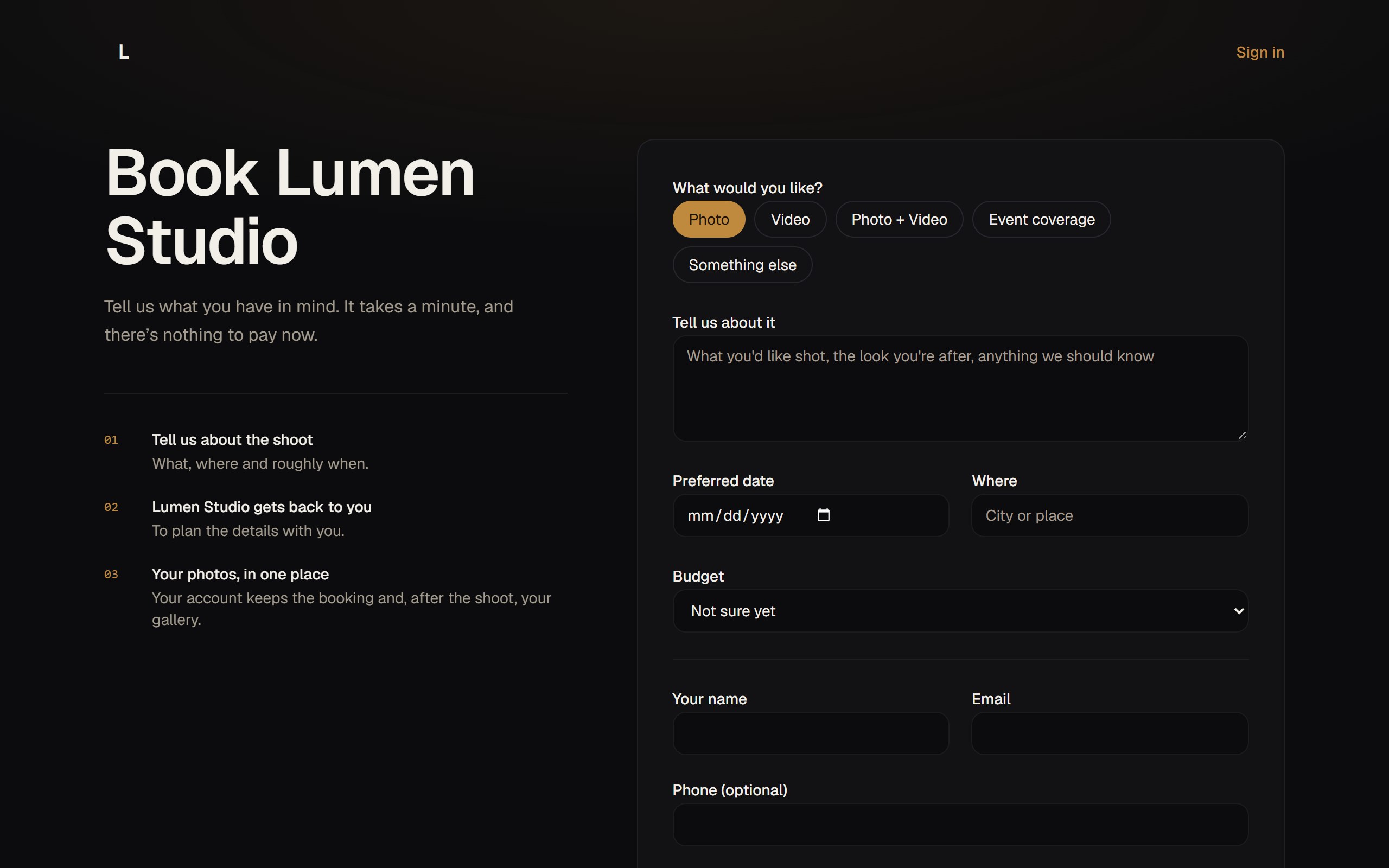 A studio's own booking page, with what to shoot, the details, a date and a budget