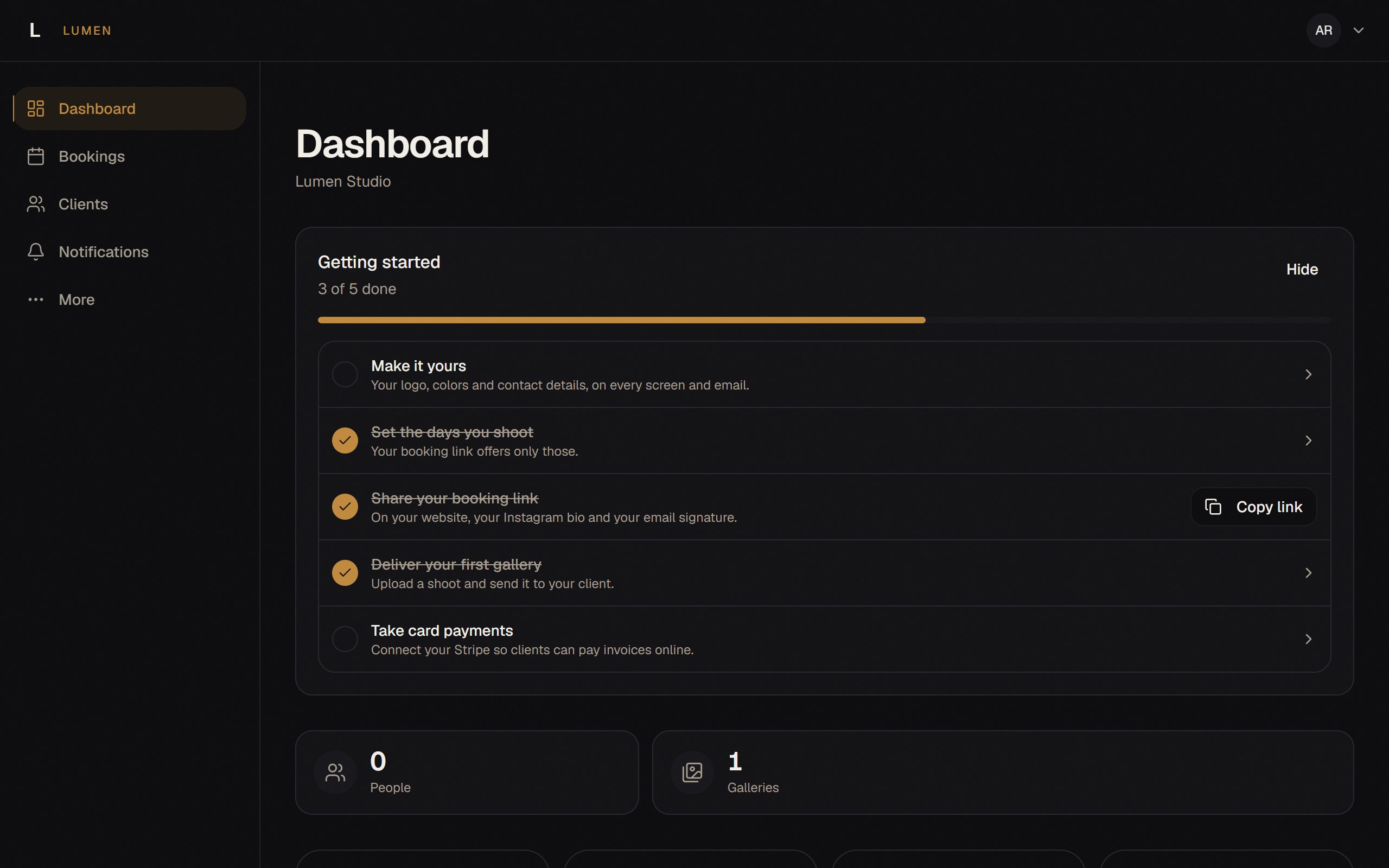 A studio owner's dashboard with the getting-started list: make it yours, set the days you shoot, share the booking link, deliver a first gallery, take card payments