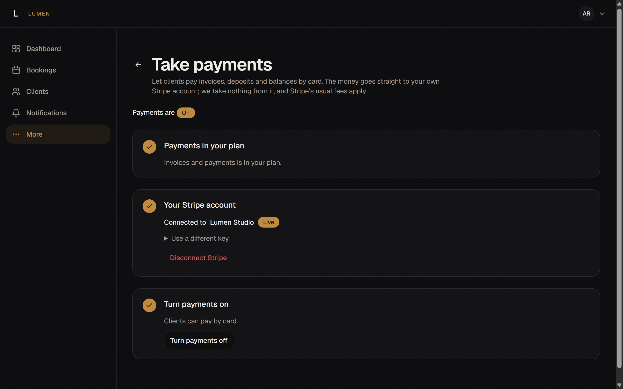 The Take payments screen: payments in the plan, Stripe connected, payments on