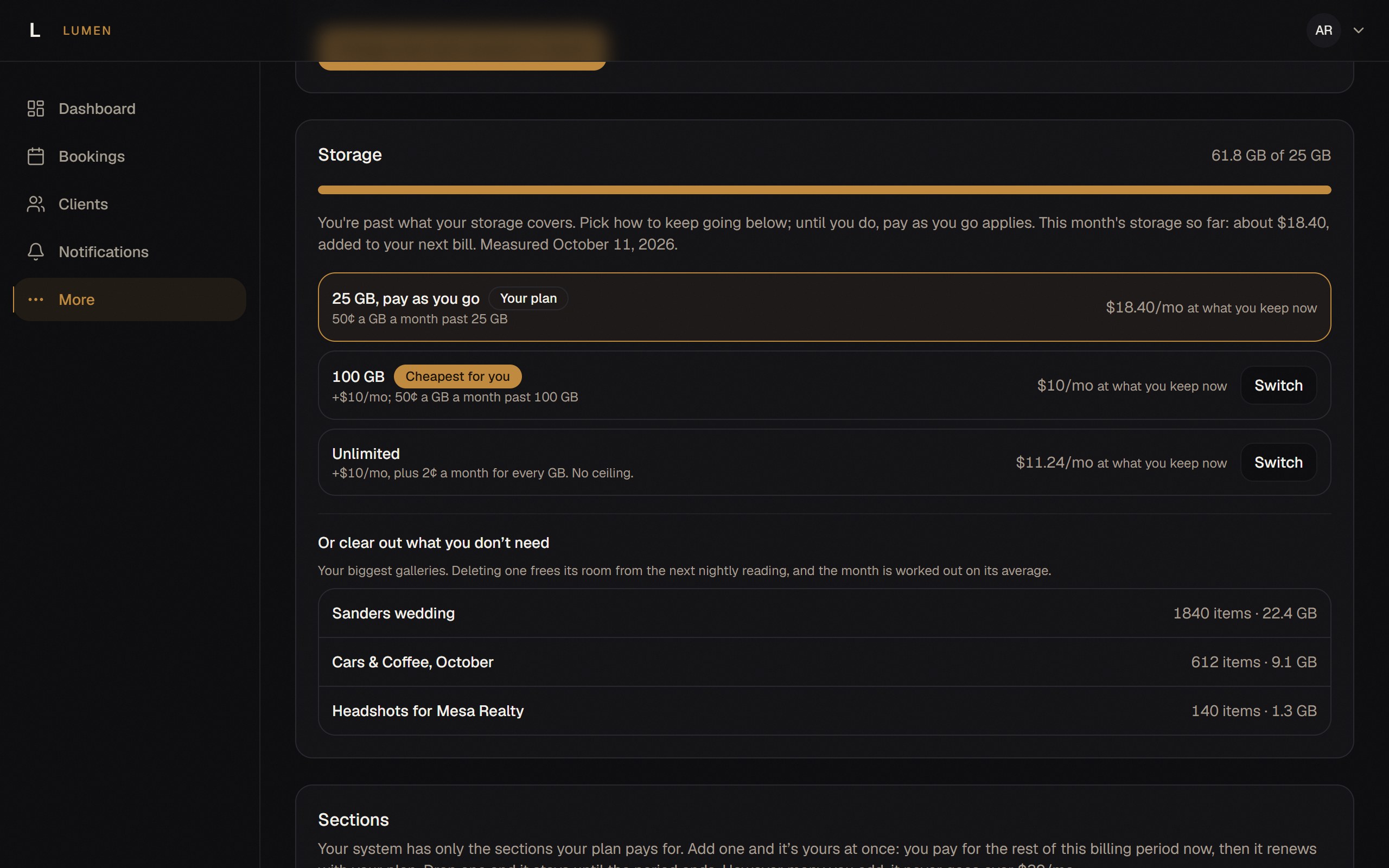 The storage card in Billing, showing what's kept, each storage choice with its monthly cost, and the biggest galleries